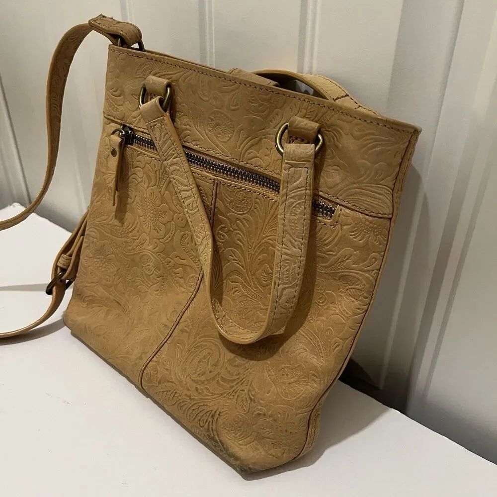 Steven By Steve Madden Embossed Floral Tan Leather Crossbody Bag Western Boho